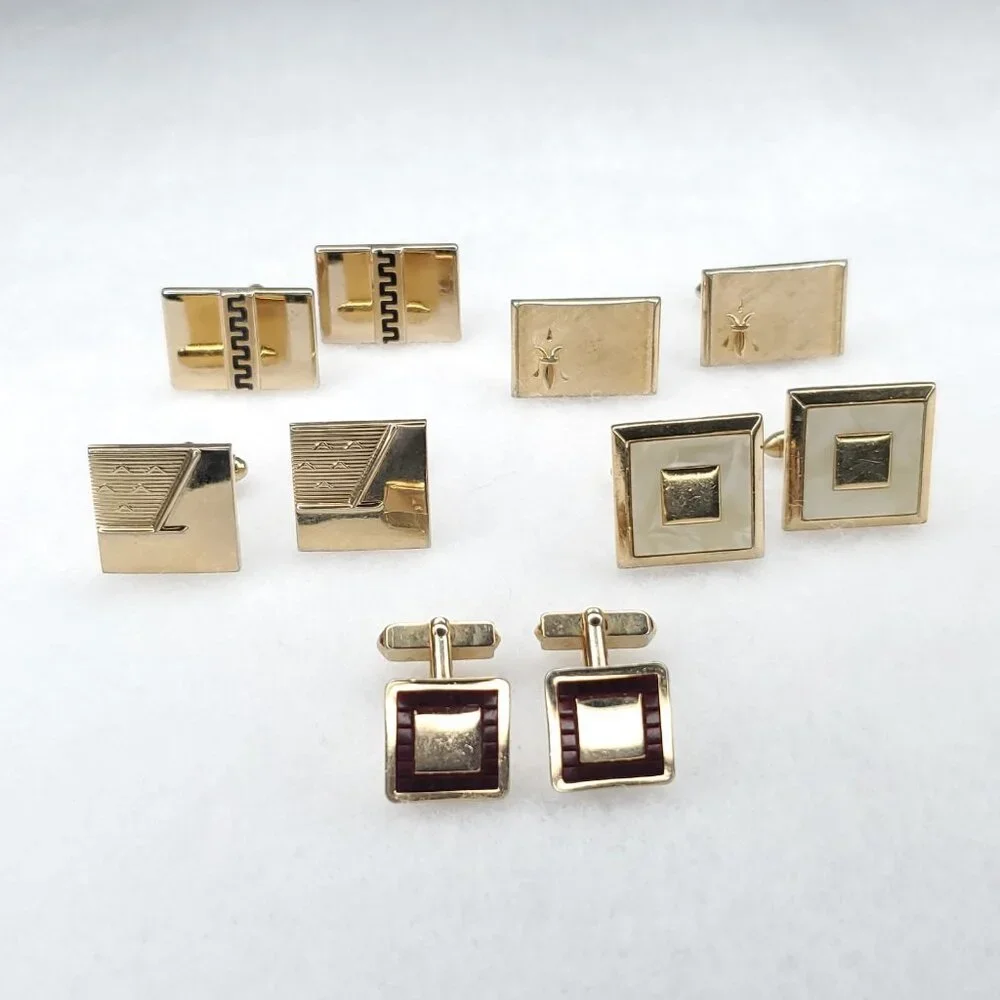 Vintage Cufflinks Gold Tone Square Rectangle Swank Hickok Unbranded Lot Of 5 Pr